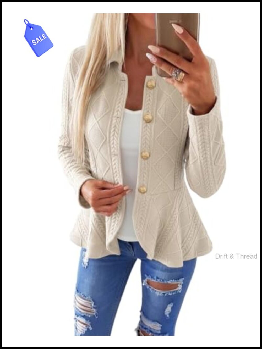 Cable Knit Button Front Ruffle Hem Lightweight Jacket